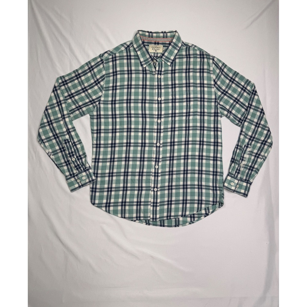 The Normal Brand Mens M Plaid Button Down Shirt Green Blue 100% Cotton Flannel